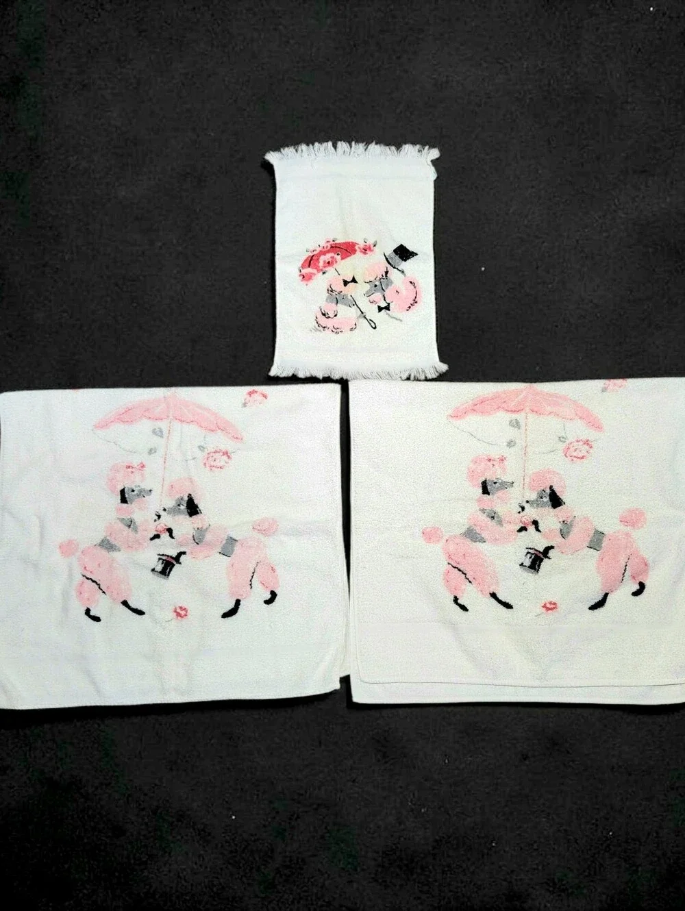Vintage 50s Cannon French Poodle Roses Towel Set Of 3 Pink White Parasol Cotton